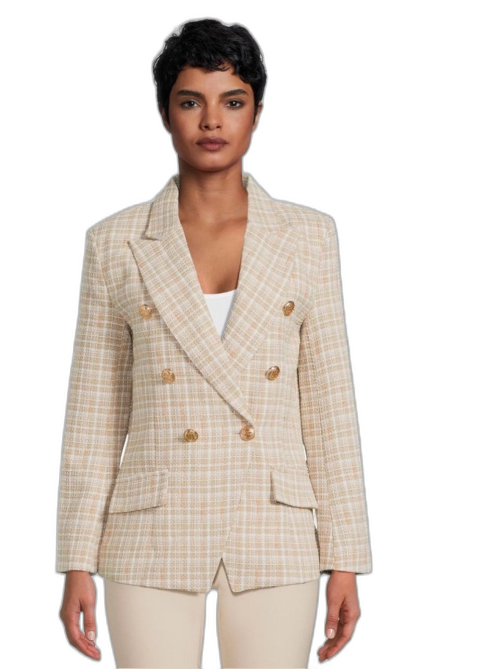 Attitude NWT Womens Double-Breasted tweed Plaid Blazer Jacket - Beige